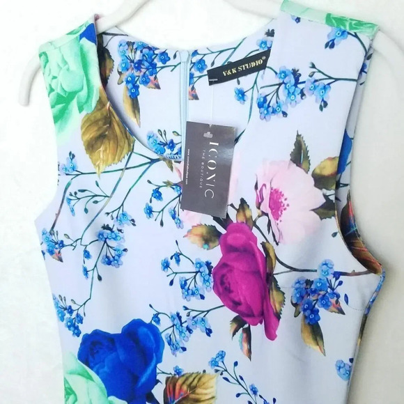Iconic V&K Studio Floral Bodycon multicolor mini dress Women's size Medium - Picture 9 of 11